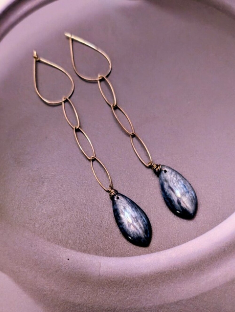 Long Mid Century Studio Sterling Blue Labradorite Shoulder Brusher Earrings